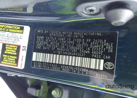 2019 Toyota Camry Le из США, поврежденный, VIN 4T1B11HK2KU845537